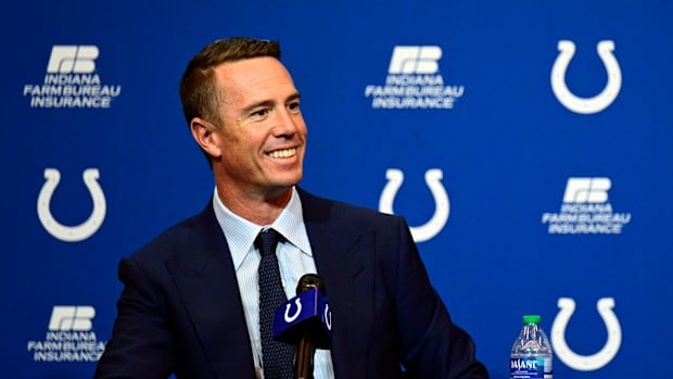 Mar 22, 2022; Indianapolis, IN, USA; Indianapolis Colts Quarterback Matt Ryan (2) holds a press conference to announce his joining of the team at Indiana Farm Bureau Football Center. Mandatory Credit: Marc Lebryk-USA TODAY Sports